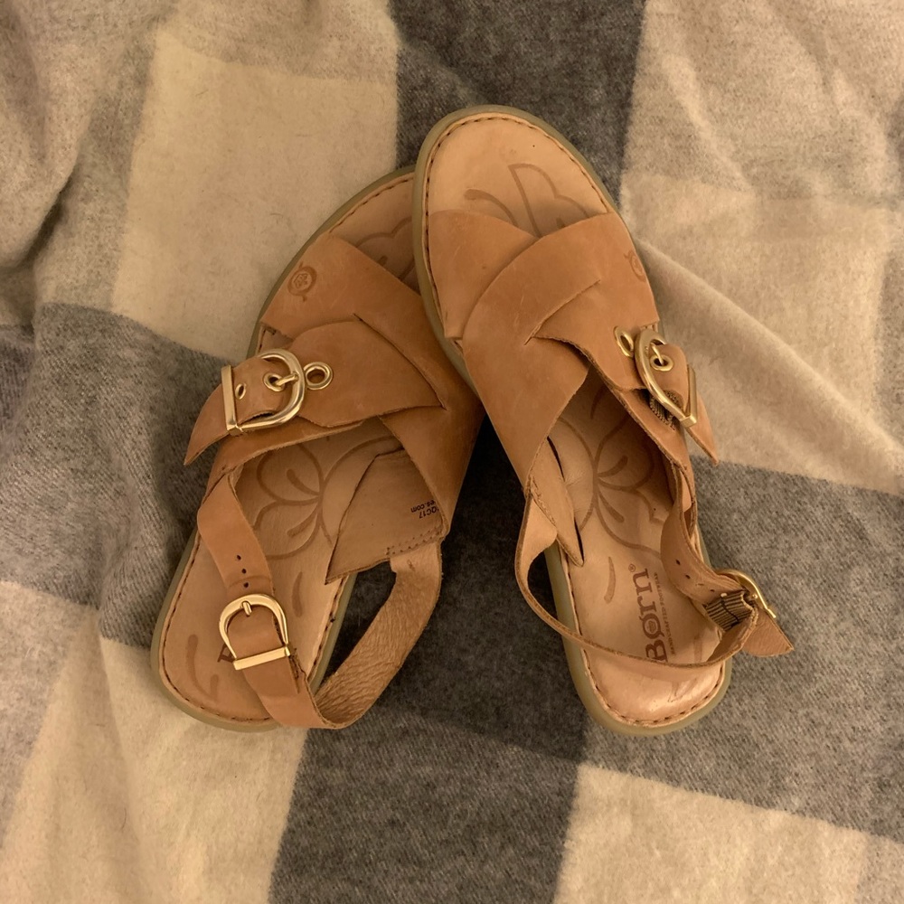 Born frans camel cross-front buckle leather sandal
